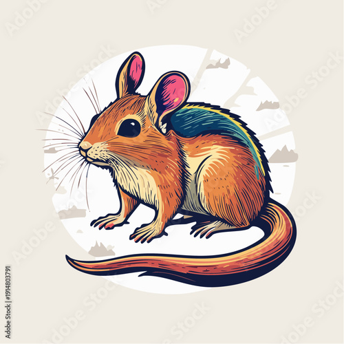 Vibrant illustration of a small rodent with large ears and long tail in a circular frame