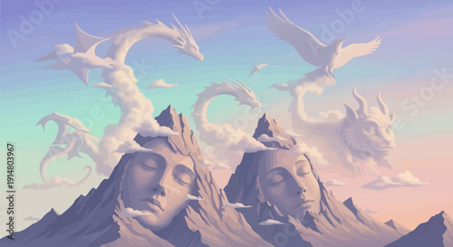 Mysterious mountain peaks with dragon and bird in fantasy sky