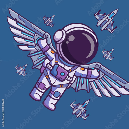 An adventurous astronaut with wings soars through thesky surrounded by fighter jets, representing freedom, ambition, and thedesireto conquer new heights in a lively artistic design.
