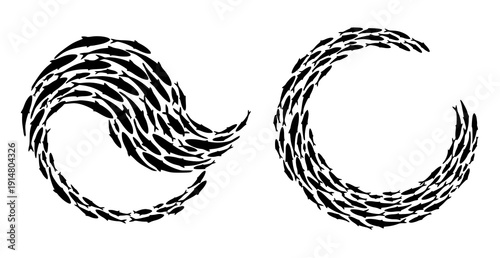 Wave and circular fish swarm silhouette vector set isolated on white