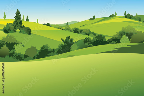 Rolling green hills and scattered trees under a clear blue sky high quality
