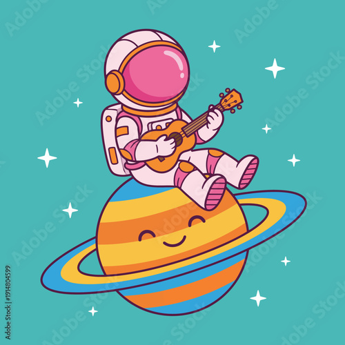 An adorableastronaut plays a ukuleleatop a smiling planet, embodying a cheerful mood and showing thejoy of music and friendship in a colorful cosmic setting.