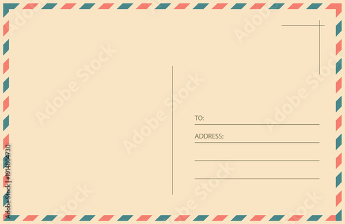 Old Empty back of postcard for travel and Airmail. Vector vintage template for design, card illustration
