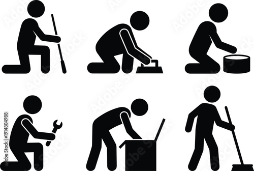 Man Worker Silhouette Set, Stick Figure Repairman Construction Maintenance Professional Icons, Industrial Service Technician Cad Drawing Flat Vector Illustration Collection