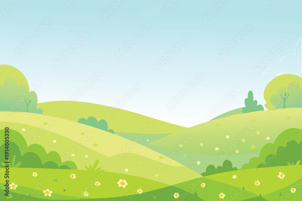 Fototapeta premium A serene landscape depicts rolling green hills under a bright blue sky