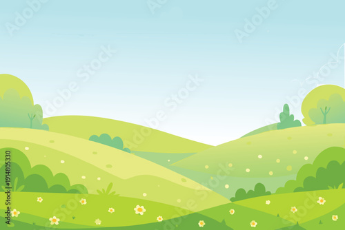 A serene landscape depicts rolling green hills under a bright blue sky