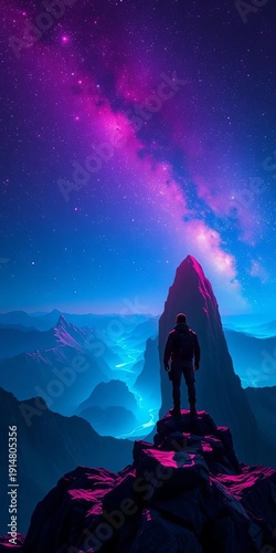 Wallpaper Mural Neon haze bathes lone wanderer atop towering peak, Milky Way a digital river under cybernetic stars Success etched in starlight,  peak,  creative Torontodigital.ca