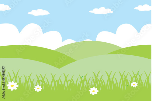 A simple cartoon landscape depicts rolling green hills under a blue sky