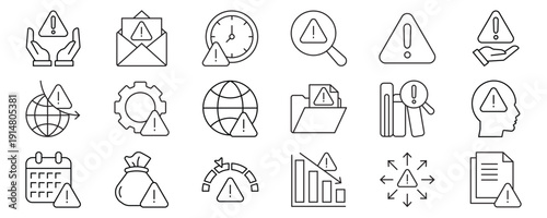 Risk icon set. Containing icons related to risk, warning, alarm, and more. Outline Icon Collection. Vector illustration. Editable stroke