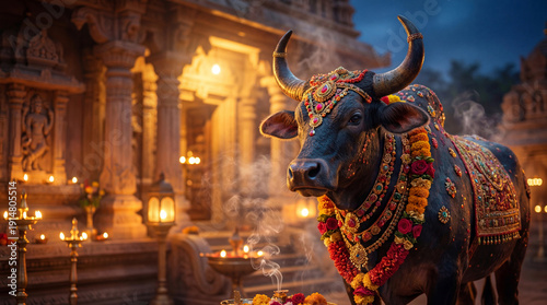 Black Nandi bull adorned with colorful flower garlands and sacred oil lamps for Vijaya Ekadashi, depicting Hindu worship, Indian cultural celebration,