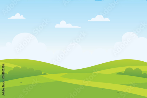 A serene landscape depicts rolling green hills under a bright blue sky