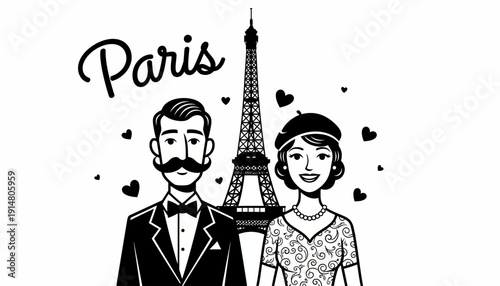 Romantic Retro Couple in Paris Illustration with Eiffel Tower. Black and White Vintage French Travel and Love Vector Art.
