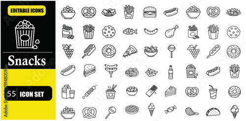 Snacks Line Icon Set – Editable Stroke Snack Food, Fast Food, Dessert, Candy, Chips, Popcorn, Chocolate, Bakery and Street Food Linear Icons for Web, App, UI, UX and Food Design