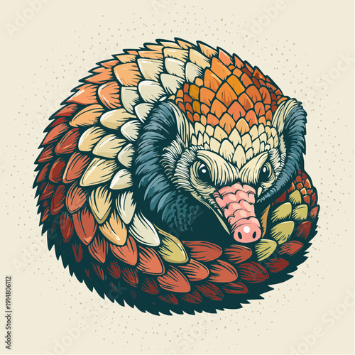 A curled up pangolin displays its colorful scales in a defensive posture.