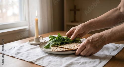 Hands arranging unleavened bread and greens for faith meal