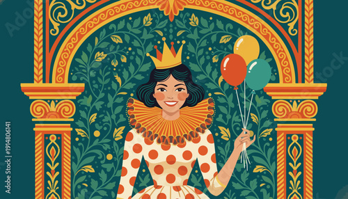 Festive Queen Jester Woman Illustration. Vintage Folk Art Poster Design with Crown, Balloons, Ruffle Collar, and Maximalist Ornate Botanical Pattern Background.