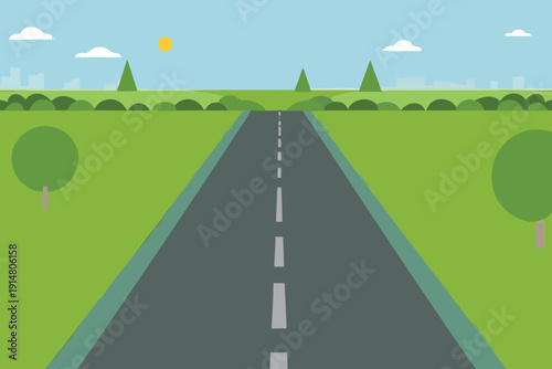 A straight empty road stretches forward into a bright sunny landscape high quality