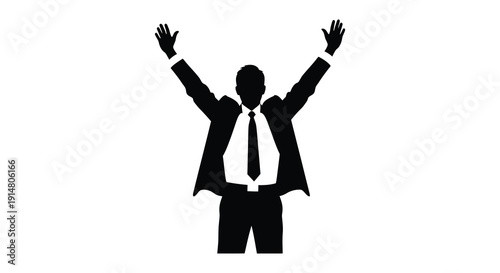 A celebratory businessman with arms raised in triumph depicted as a black silhouette on transparent background high quality professional detailed modern