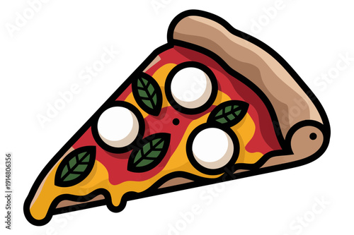 A delicious slice of pizza with melted cheese and fresh basil leaves on a crispy crust is being served hot and fresh, illustration