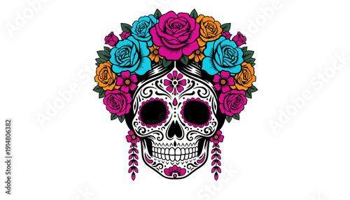 Day of the Dead Sugar Skull (Calavera) with Colorful Roses Flower Crown | La Catrina Style Mexican Holiday Illustration