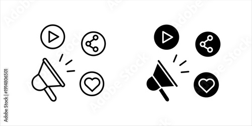 Minimal line icon set. featuring megaphone, play button, share symbol, and heart, representing digital marketing, social media engagement, and online promotion.
