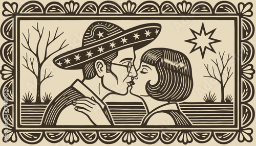 Traditional Mexican Woodcut (Grabado) Illustration of Romantic Couple Kissing. Man in Sombrero. Vintage Folk Art Design for Love and Culture.