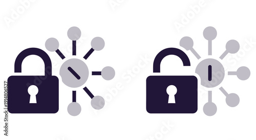 Security and Access Icons Locked and Unlocked Padlock with Network Connections Illustrating Digital Security