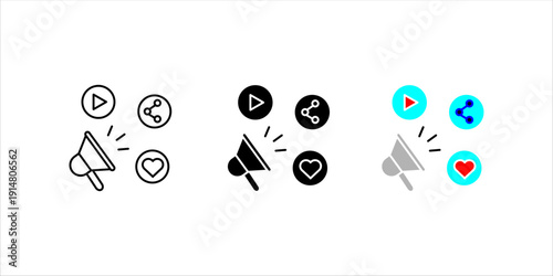 Minimal line icon set. featuring megaphone, play button, share symbol, and heart, representing digital marketing, social media engagement, and online promotion.