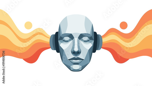 Abstract digital illustration of a serene geometric head in headphones, immersed in vibrant flowing sound waves and visual effects.