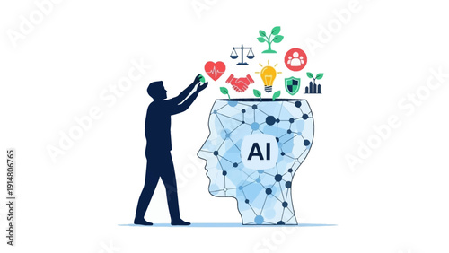 A person integrating human values, ethical principles, and societal elements into a conceptual artificial intelligence mind.