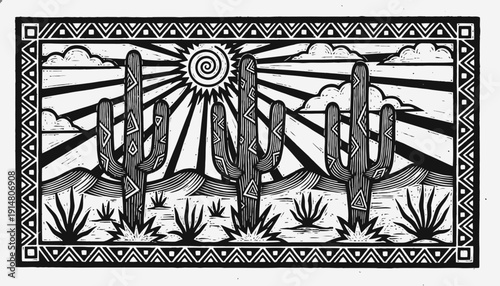 Southwestern Linocut Print: Desert Landscape with Saguaro Cacti, Stylized Sun, and Geometric Tribal Border.