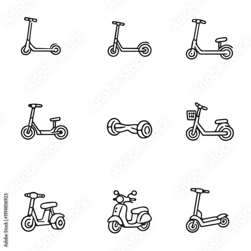 Collection of nine scooter icons including kick scooters, electric scooters, and hoverboards. Simple line art in a uniform style suitable for mobility-themed designs
