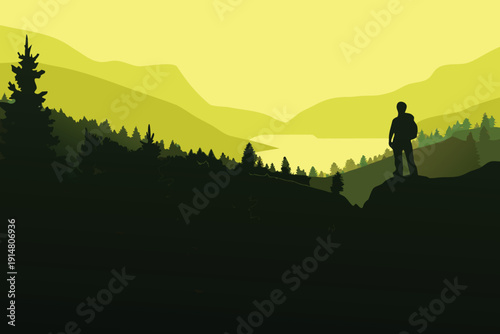 A silhouetted figure stands overlooking a serene lake and mountainous landscape high quality