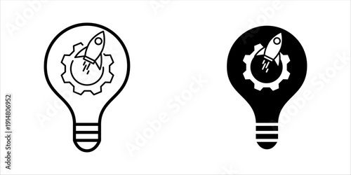 Line icon set. of a light bulb containing a rocket and gear, representing creative ideas, startup innovation, and business development concepts.