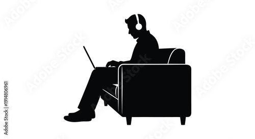 A black silhouette of a person relaxing in a chair using a laptop and headphones on transparent background high quality professional