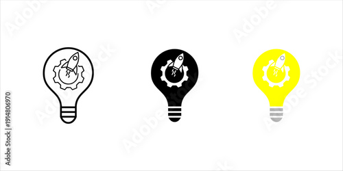 Line icon set. of a light bulb containing a rocket and gear, representing creative ideas, startup innovation, and business development concepts.