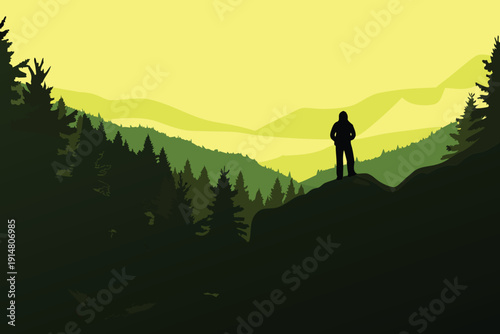 A lone figure stands silhouetted against a layered mountain and forest landscape