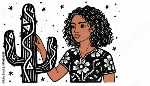 Boho Woman and Stylized Saguaro Cactus Illustration. Desert Folk Art Portrait, Black and White Linocut Style.