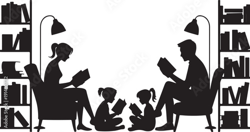 Family reading books in a library with bookshelves