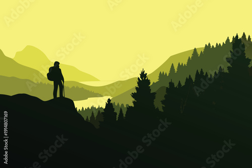 A lone hiker stands silhouetted against a vibrant layered landscape at dusk
