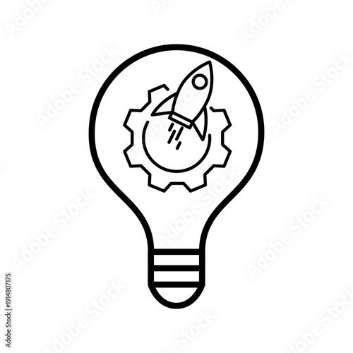 Line icon of a light bulb containing a rocket and gear, representing creative ideas, startup innovation, and business development concepts.