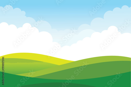 A simple colorful landscape depicts rolling green hills beneath a blue sky