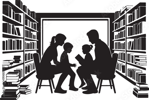 Family reading books in a library with shelves of books
