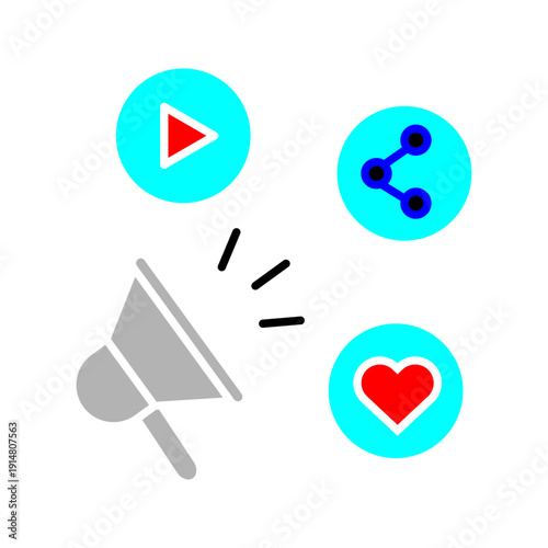 Minimal line icon featuring megaphone, play button, share symbol, and heart, representing digital marketing, social media engagement, and online promotion.