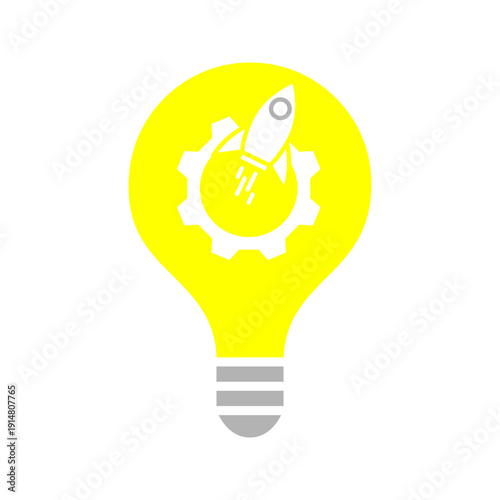 Line icon of a light bulb containing a rocket and gear, representing creative ideas, startup innovation, and business development concepts.