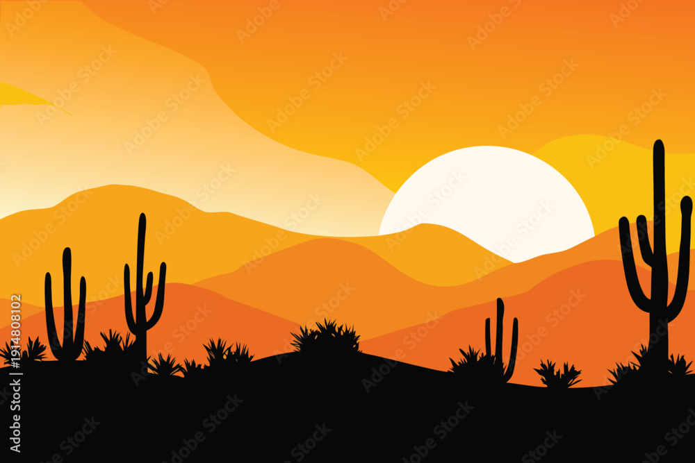 Fototapeta premium A vibrant desert landscape silhouetted against a warm setting sun glow high quality