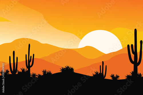A vibrant desert landscape silhouetted against a warm setting sun glow high quality