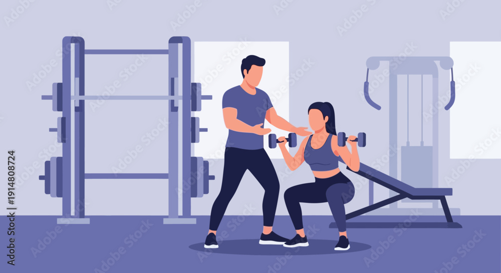 Fototapeta premium Man and woman working out with dumbbells at the gym together exercising