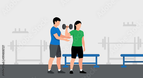 Two men are exercising with dumbbells at a gym with blue benches and equipment.