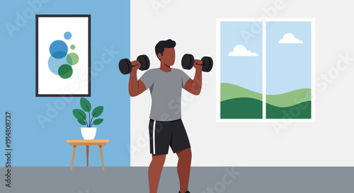 Man lifting dumbbells in a modern room with a plant and picture on the wall indoors